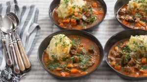 beef stew and cheesy mashed potatoes